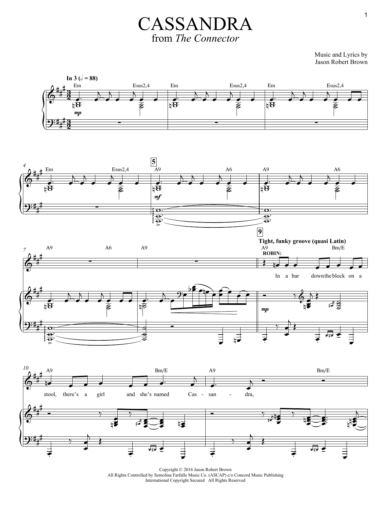 Jason Robert Brown Cassandra (from The Connector) sheet music notes and chords arranged for Piano & Vocal