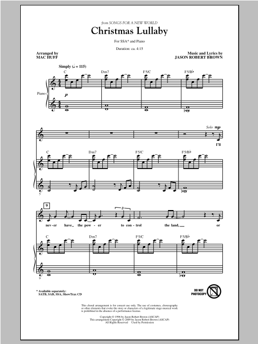 Jason Robert Brown Christmas Lullaby (from Songs for a New World) (arr. Mac Huff) sheet music notes and chords arranged for SAB Choir