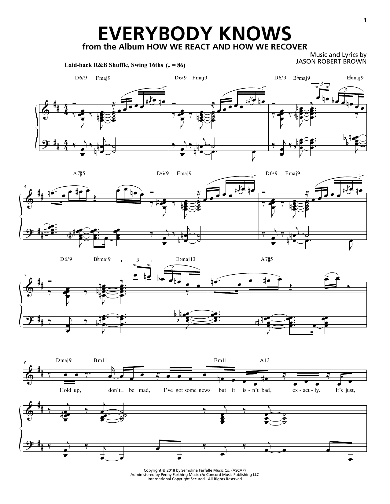 Jason Robert Brown Everybody Knows (from How We React And How We Recover) sheet music notes and chords arranged for Piano & Vocal