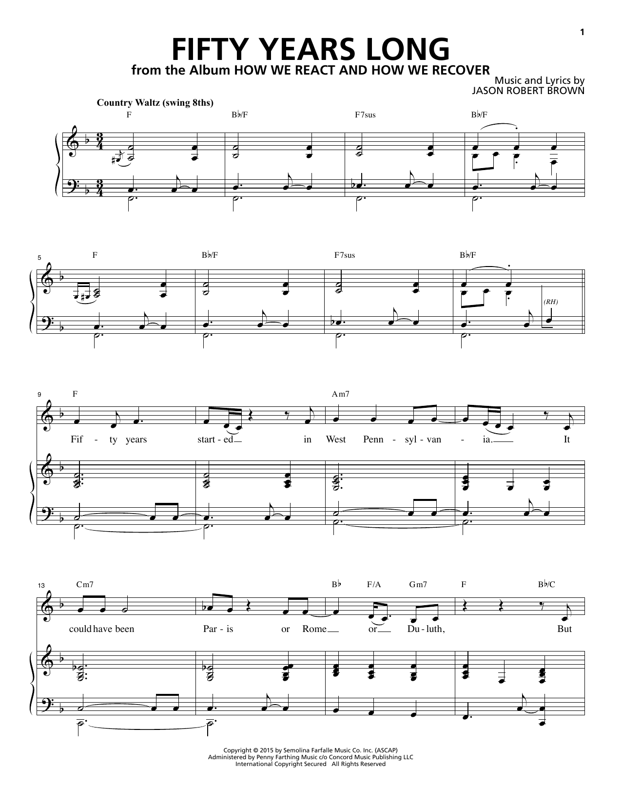 Jason Robert Brown Fifty Years Long (from How We React And How We Recover) sheet music notes and chords arranged for Piano & Vocal