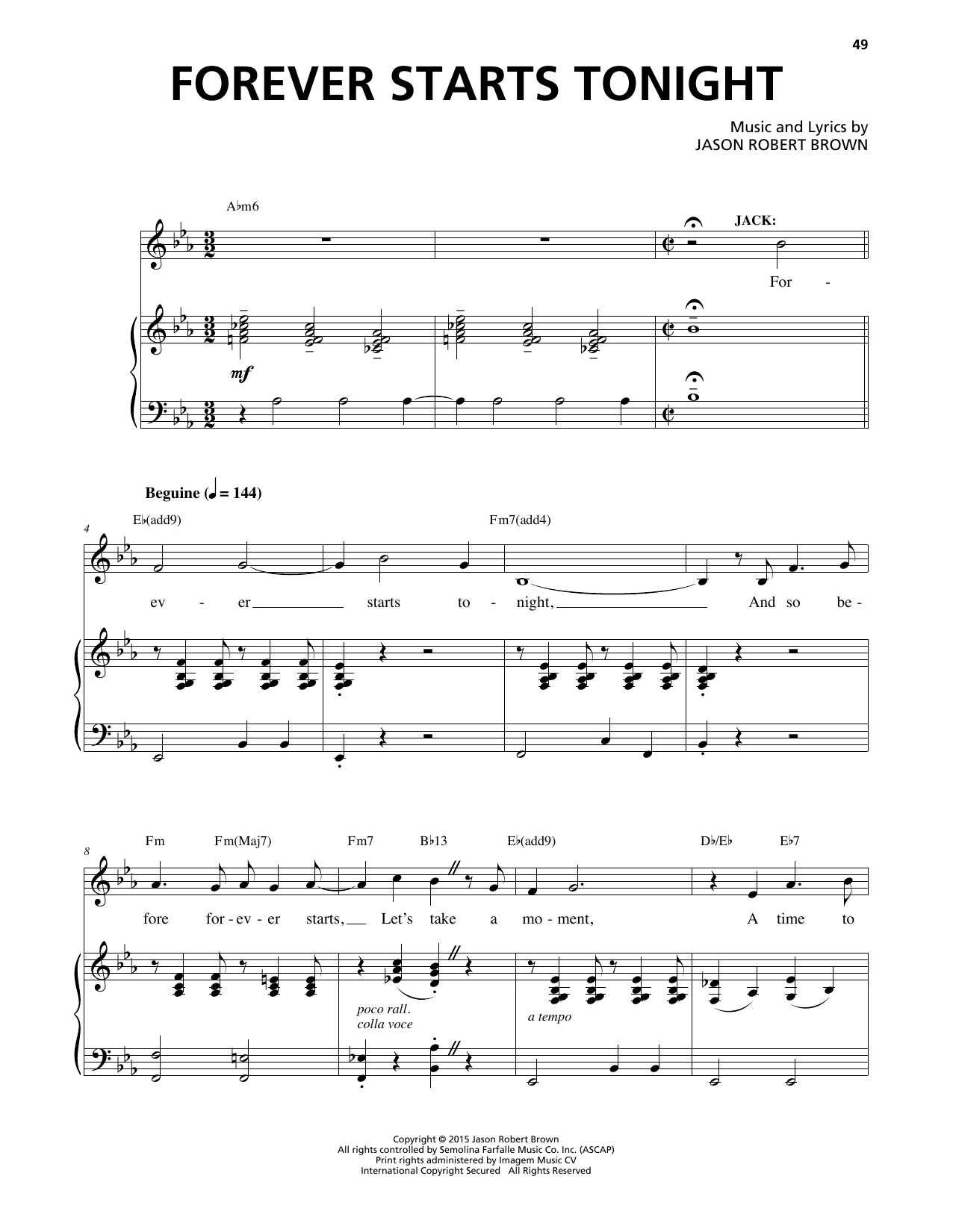 Jason Robert Brown Forever Starts Tonight (from Honeymoon in Vegas) sheet music notes and chords arranged for Piano & Vocal