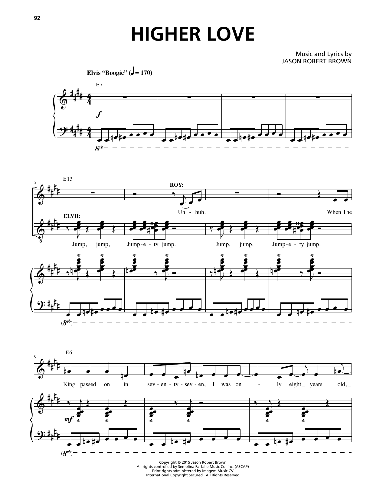 Jason Robert Brown Higher Love (from Honeymoon in Vegas) sheet music notes and chords arranged for Piano & Vocal