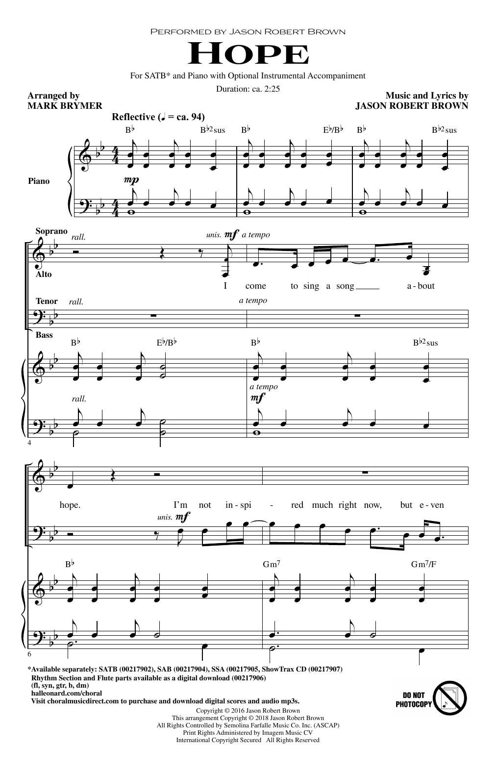Jason Robert Brown Hope (from How We React and How We Recover) (arr. Mark Brymer) sheet music notes and chords arranged for SATB Choir