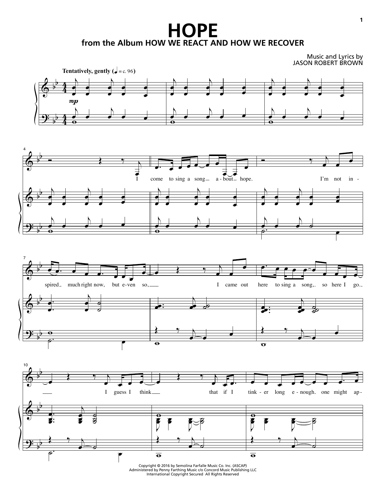 Jason Robert Brown Hope (from How We React And How We Recover) sheet music notes and chords arranged for Piano & Vocal