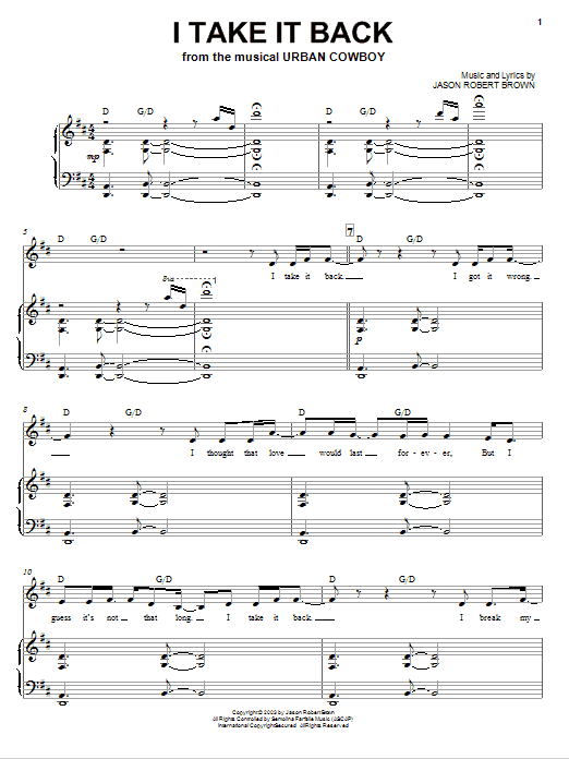 Jason Robert Brown I Take It Back sheet music notes and chords arranged for Piano & Vocal