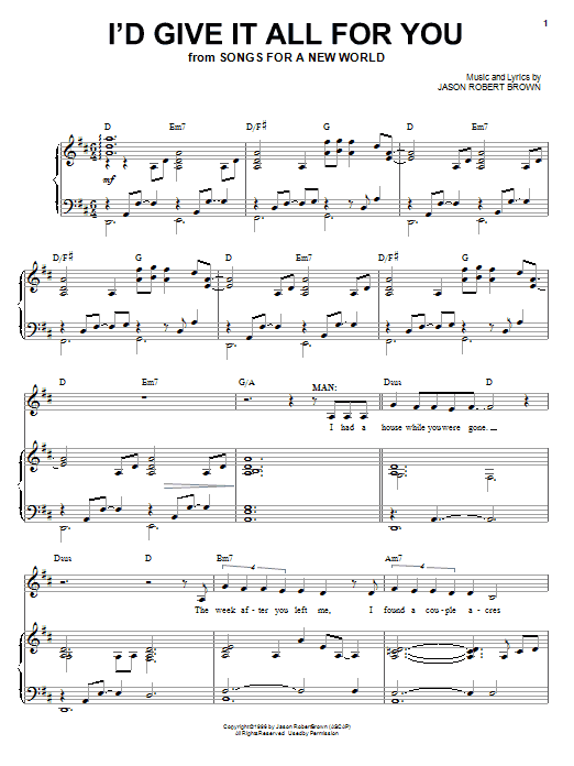 Jason Robert Brown I'd Give It All For You (from Songs for a New World) sheet music notes and chords arranged for Piano & Vocal