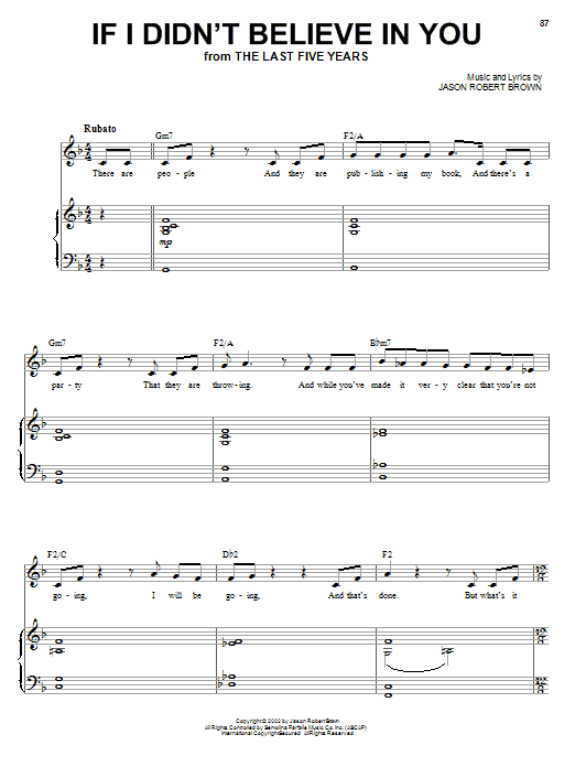 Jason Robert Brown If I Didn't Believe In You (from The Last 5 Years) sheet music notes and chords arranged for Piano, Vocal & Guitar Chords (Right-Hand Melody)