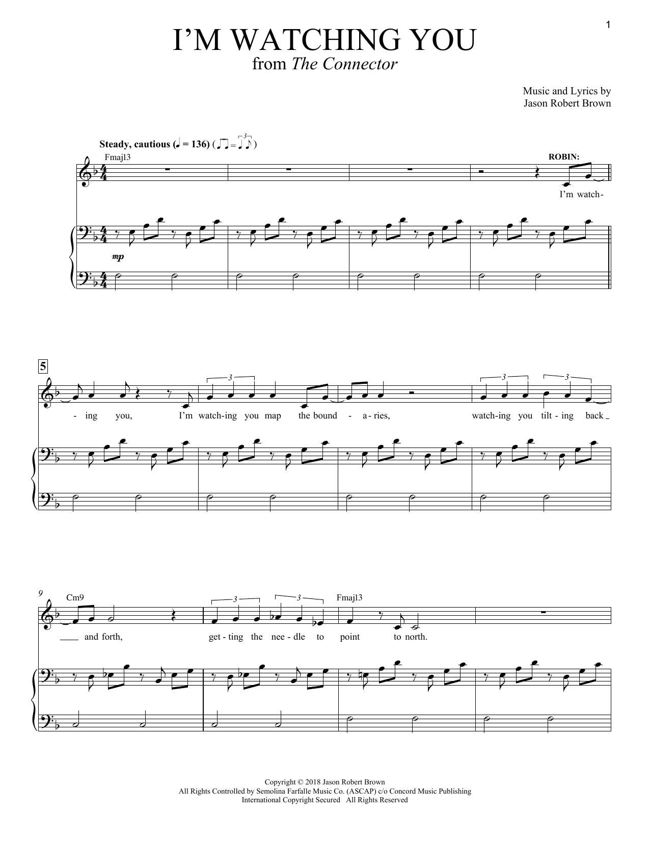 Jason Robert Brown I'm Watching You (from The Connector) sheet music notes and chords arranged for Piano & Vocal