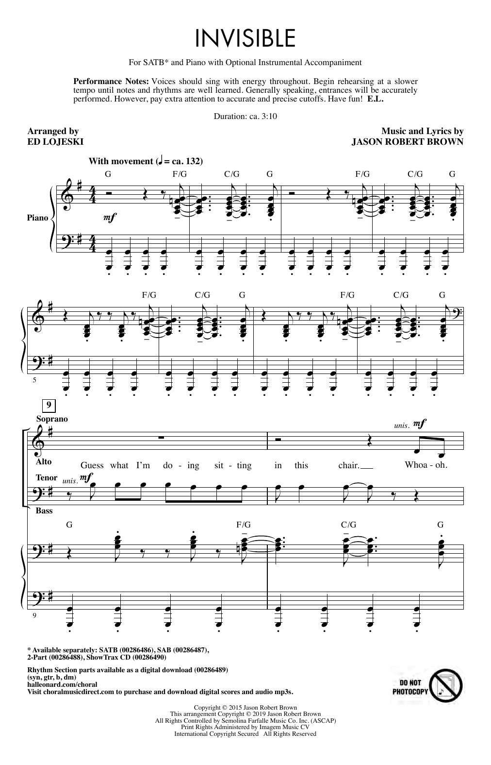 Jason Robert Brown Invisible (arr. Ed Lojeski) sheet music notes and chords arranged for SATB Choir