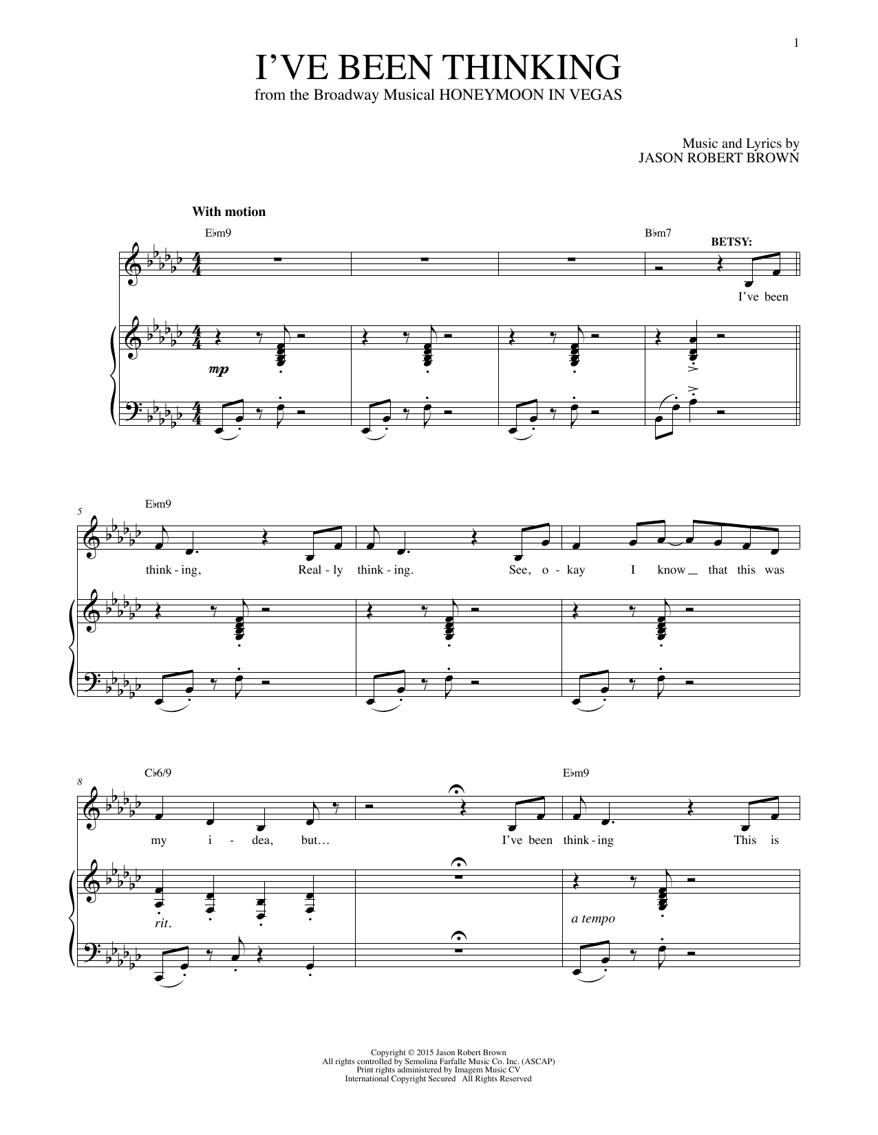 Jason Robert Brown I've Been Thinking (from Honeymoon in Vegas) sheet music notes and chords arranged for Piano & Vocal