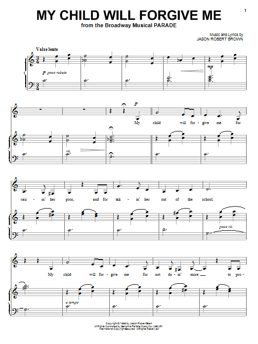 Jason Robert Brown My Child Will Forgive Me (from Parade) sheet music notes and chords arranged for Piano & Vocal