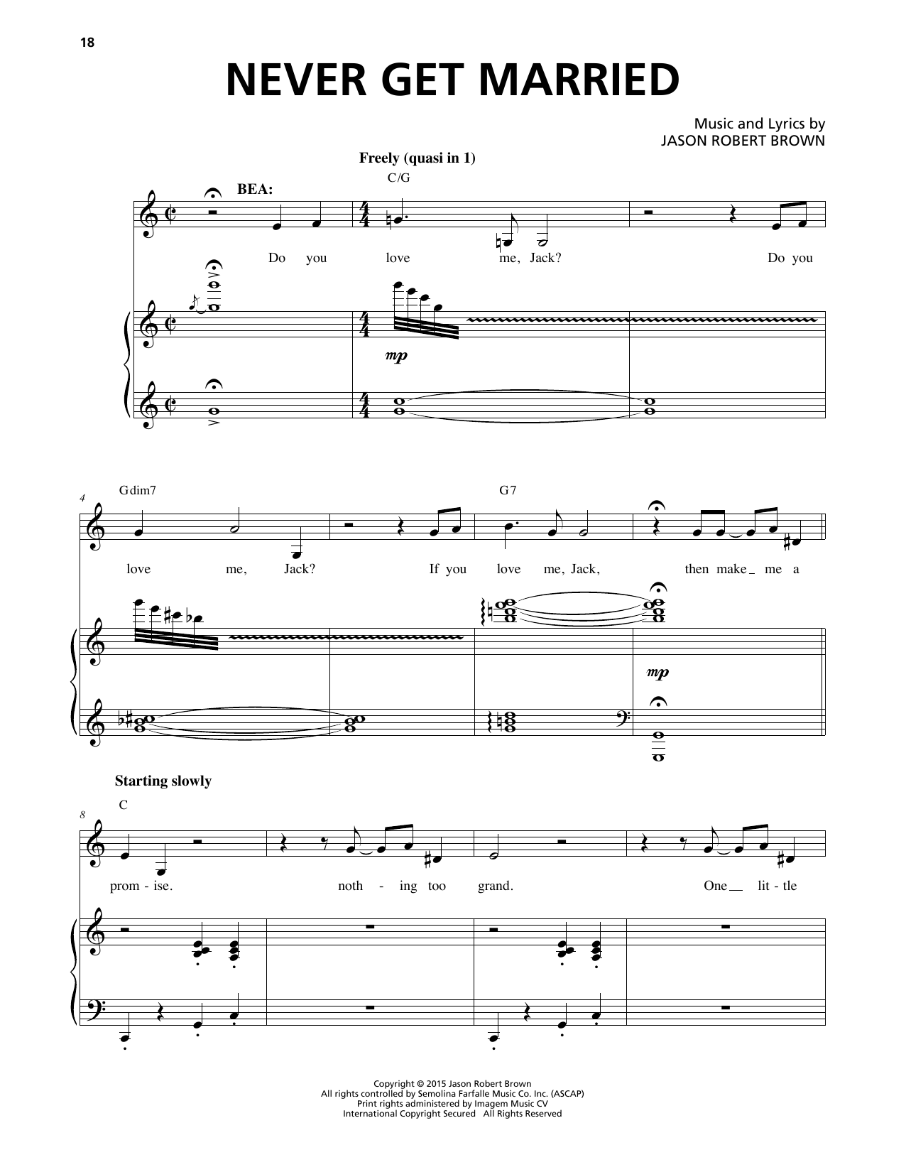 Jason Robert Brown Never Get Married (from Honeymoon in Vegas) sheet music notes and chords arranged for Piano & Vocal