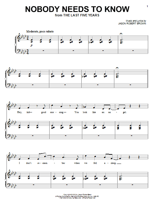 Jason Robert Brown Nobody Needs To Know (from The Last 5 Years) sheet music notes and chords arranged for Piano, Vocal & Guitar Chords (Right-Hand Melody)