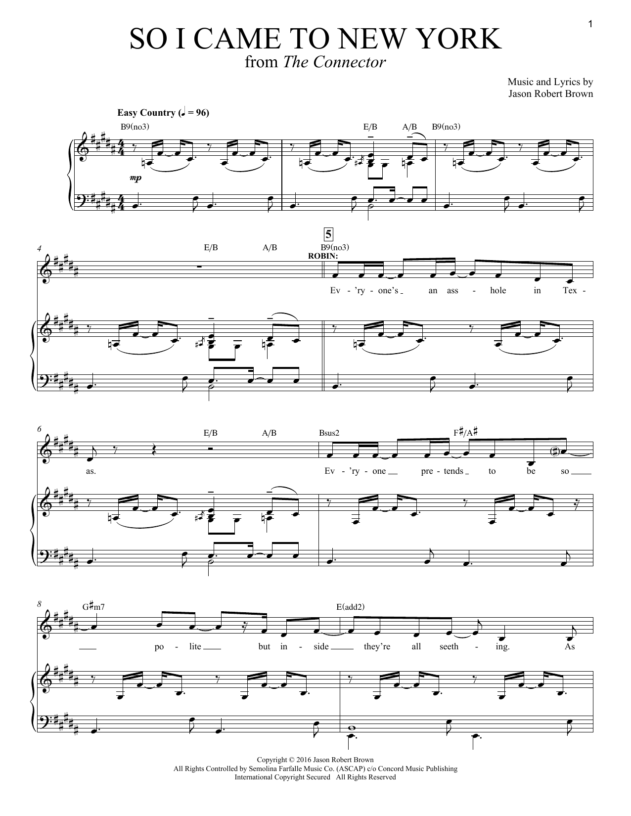 Jason Robert Brown So I Came To New York (from The Connector) sheet music notes and chords arranged for Piano & Vocal