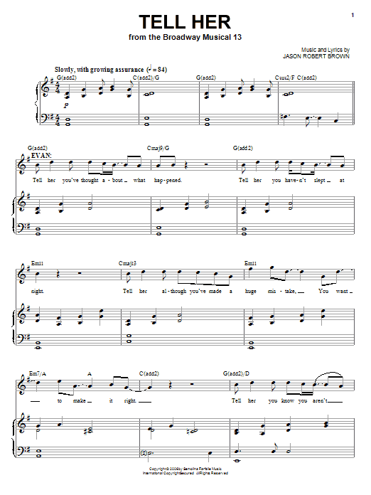 Jason Robert Brown Tell Her (from 13: The Musical) sheet music notes and chords arranged for Piano & Vocal