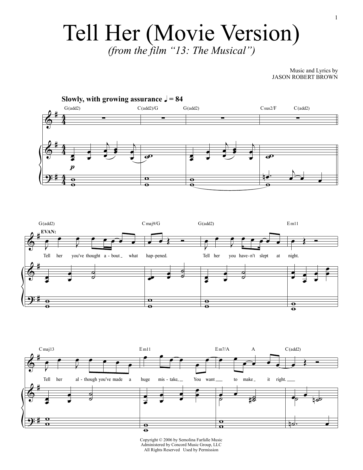 Jason Robert Brown Tell Her (from 13: The Musical) (Netflix film) sheet music notes and chords arranged for Piano & Vocal