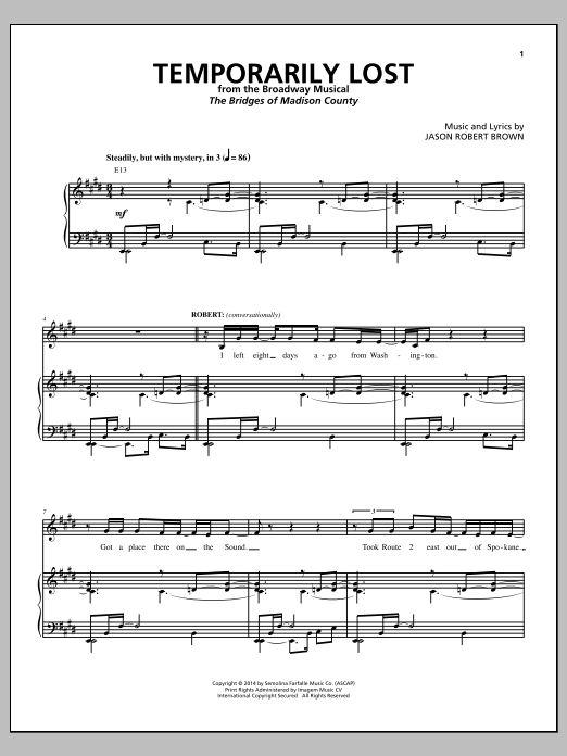Jason Robert Brown Temporarily Lost (from The Bridges of Madison County) sheet music notes and chords arranged for Piano & Vocal