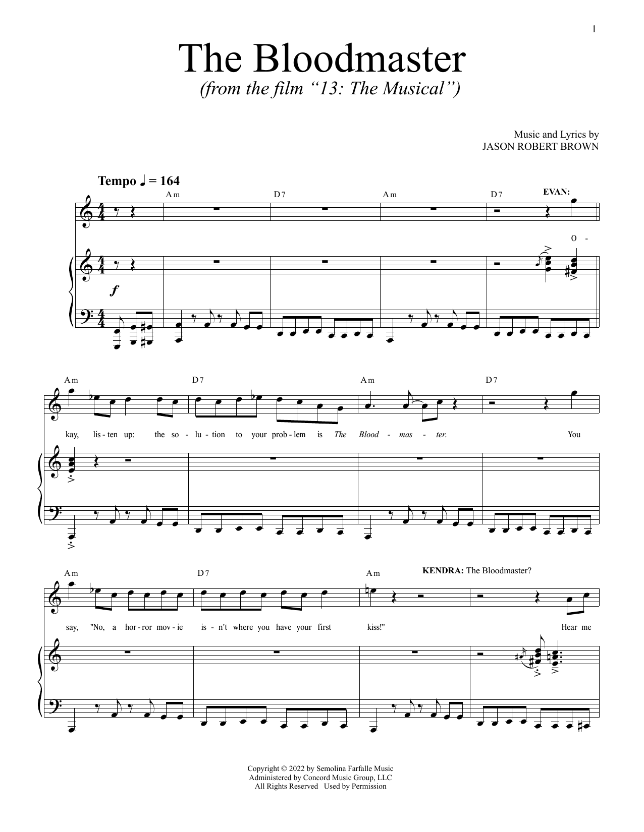 Jason Robert Brown The Bloodmaster (from 13: The Musical) (Netflix film) sheet music notes and chords arranged for Piano & Vocal