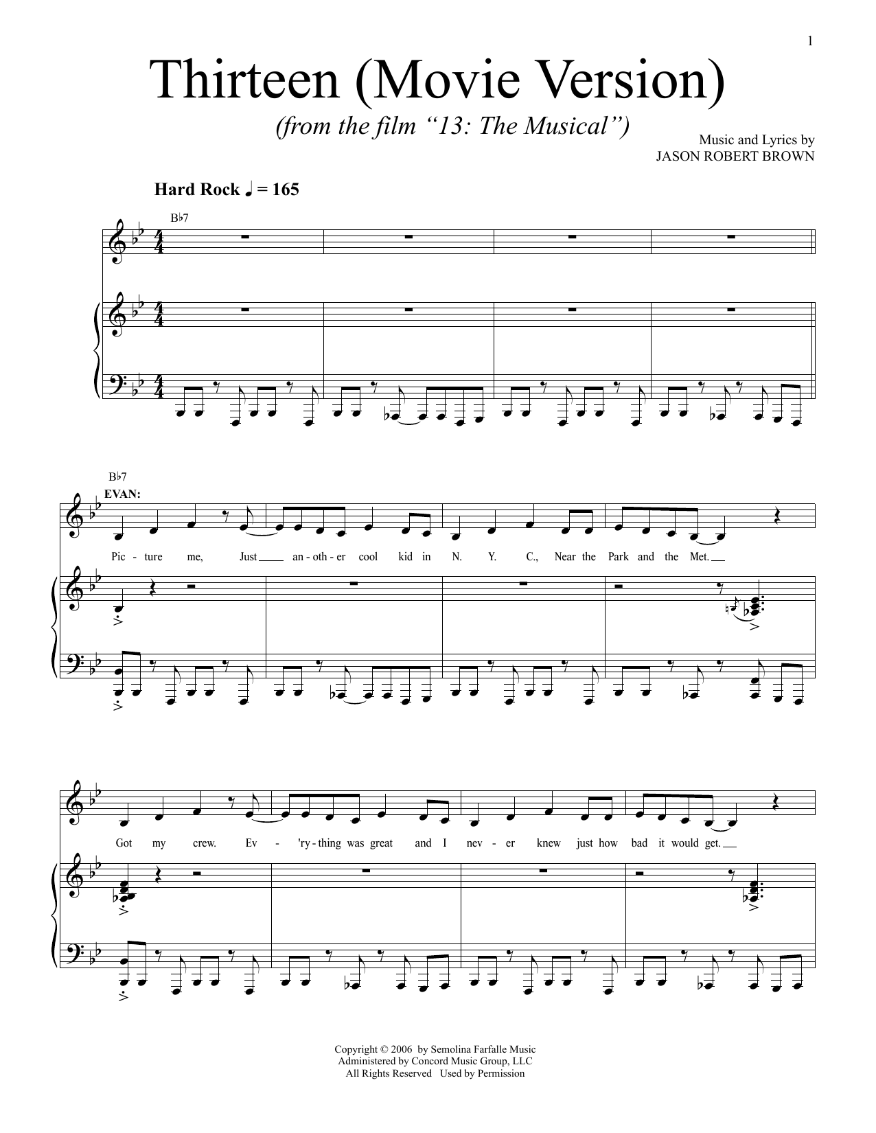Jason Robert Brown Thirteen (from 13: The Musical) (Netflix film) sheet music notes and chords arranged for Piano & Vocal