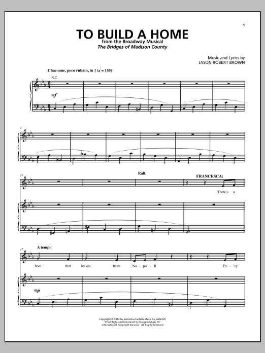 Jason Robert Brown To Build A Home (from The Bridges of Madison County) sheet music notes and chords arranged for Piano & Vocal