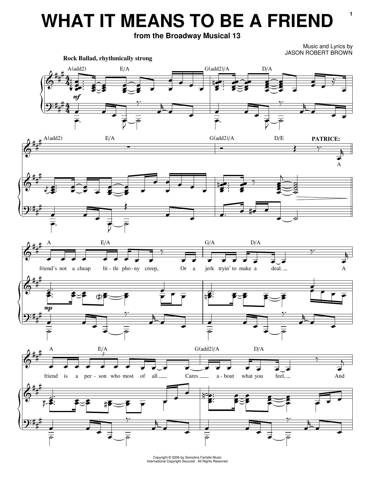 Jason Robert Brown What It Means To Be A Friend (from 13: The Musical) sheet music notes and chords arranged for Piano & Vocal