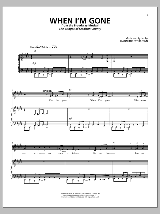 Jason Robert Brown When I'm Gone (from The Bridges of Madison County) sheet music notes and chords arranged for Piano & Vocal