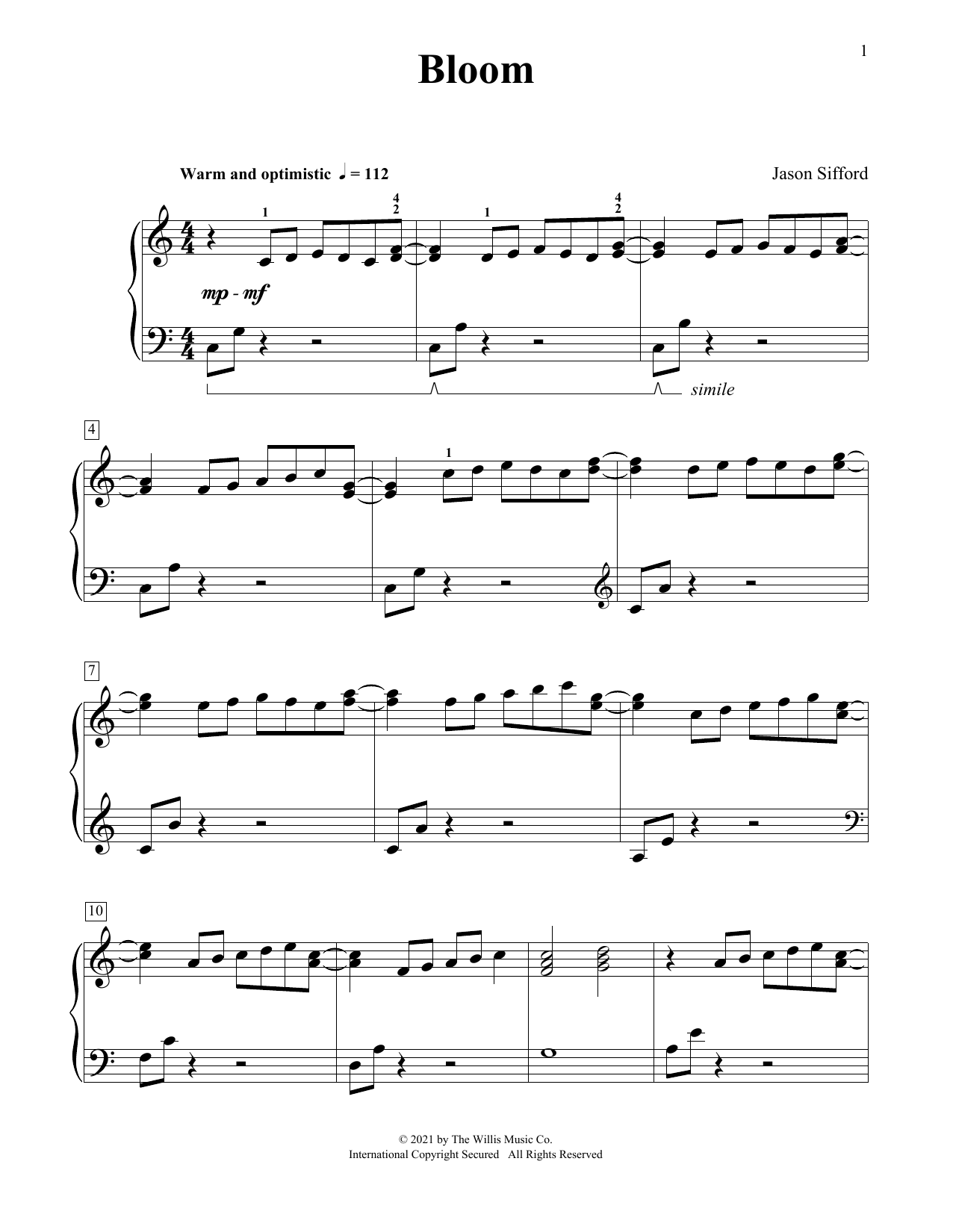 Jason Sifford Bloom sheet music notes and chords arranged for Piano Duet