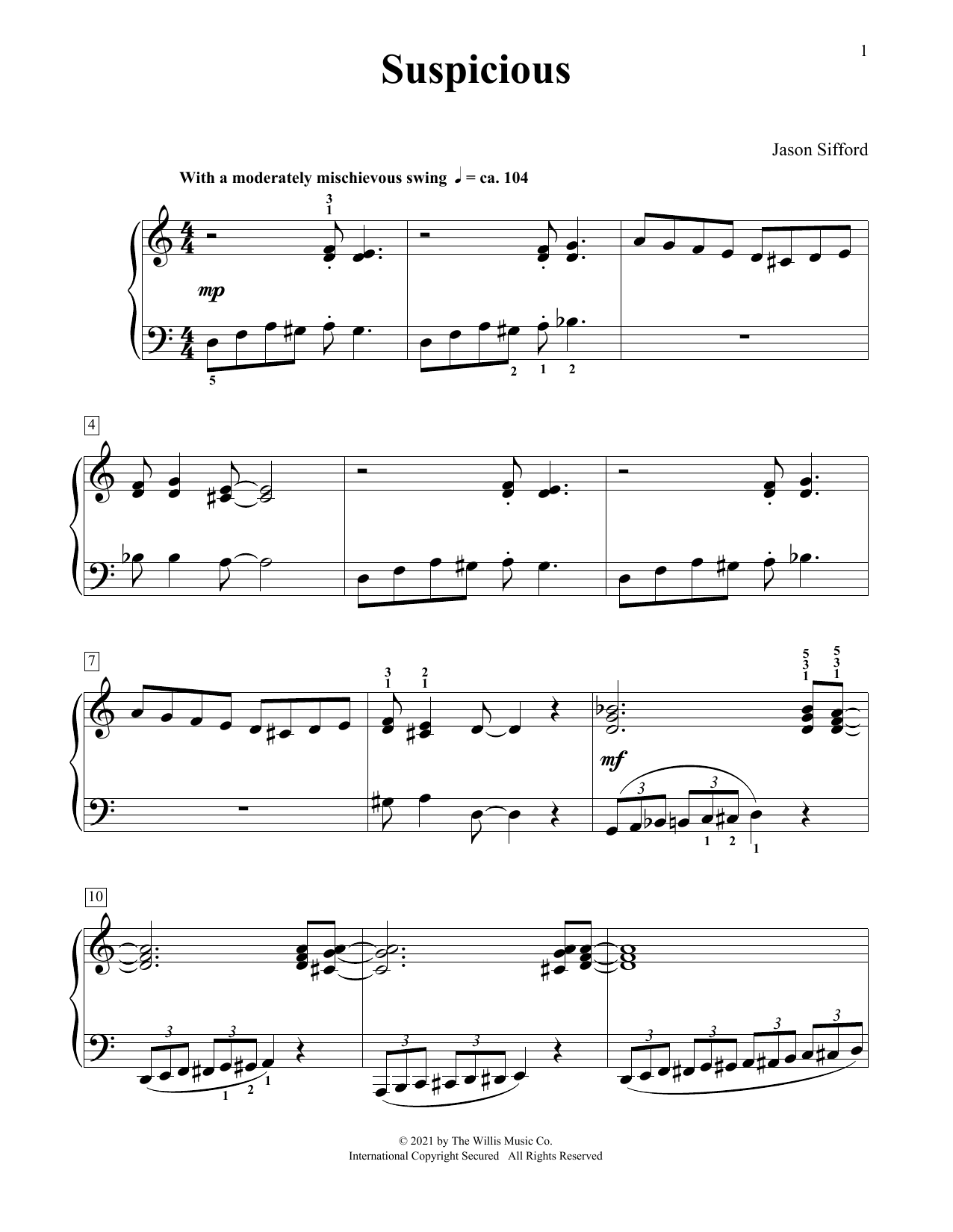 Jason Sifford Suspicious sheet music notes and chords arranged for Piano Duet