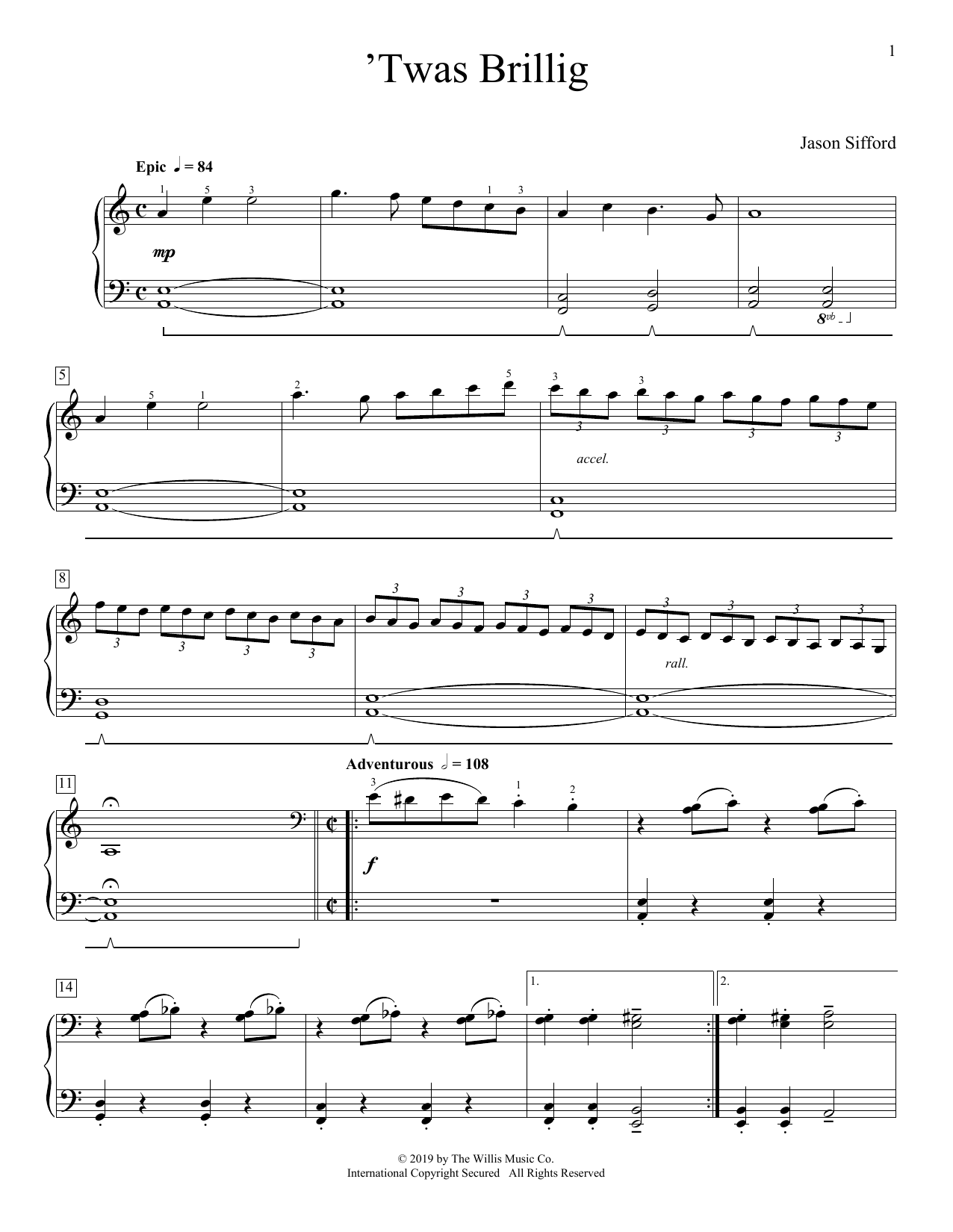 Jason Sifford 'Twas Brillig sheet music notes and chords arranged for Educational Piano