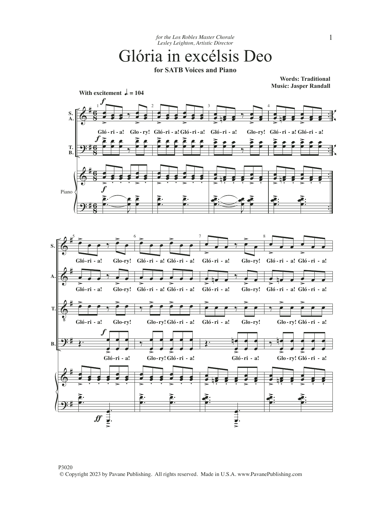 Jasper Randall Gloria in Excelsis Deo sheet music notes and chords arranged for Choir
