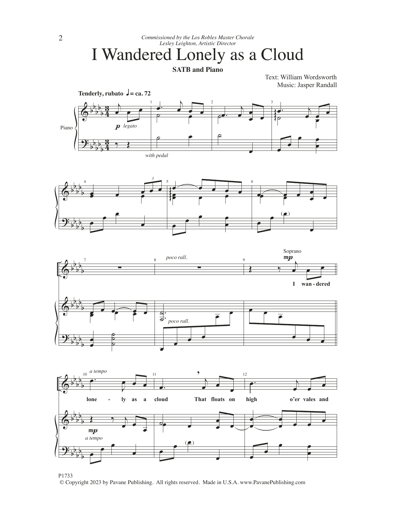 Jasper Randall I Wandered Lonely as a Cloud sheet music notes and chords arranged for SATB Choir