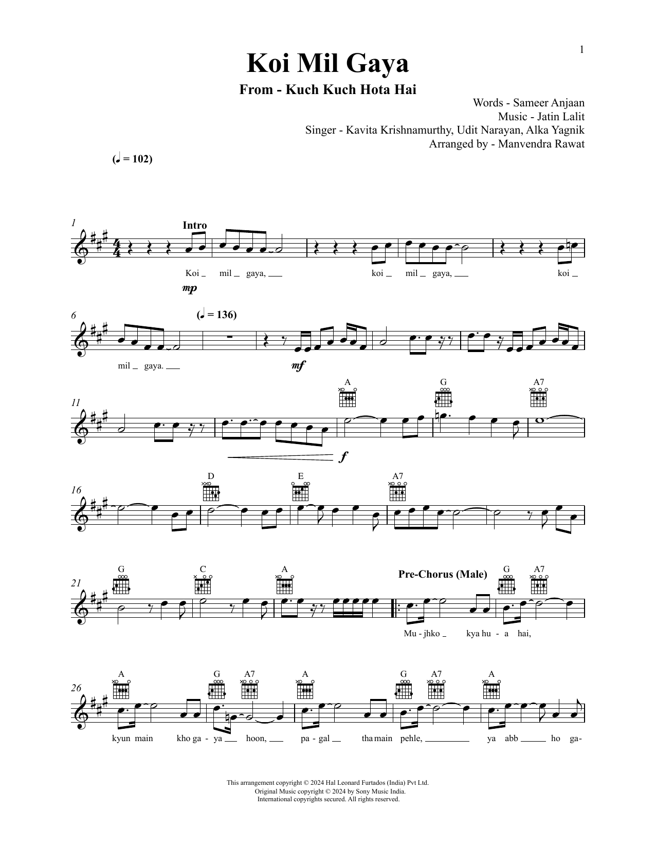 Jatin-Lalit, Udit Narayan and Alka Yagnik Koi Mil Gaya (from Kuch Kuch Hota Hai) sheet music notes and chords arranged for Lead Sheet / Fake Book