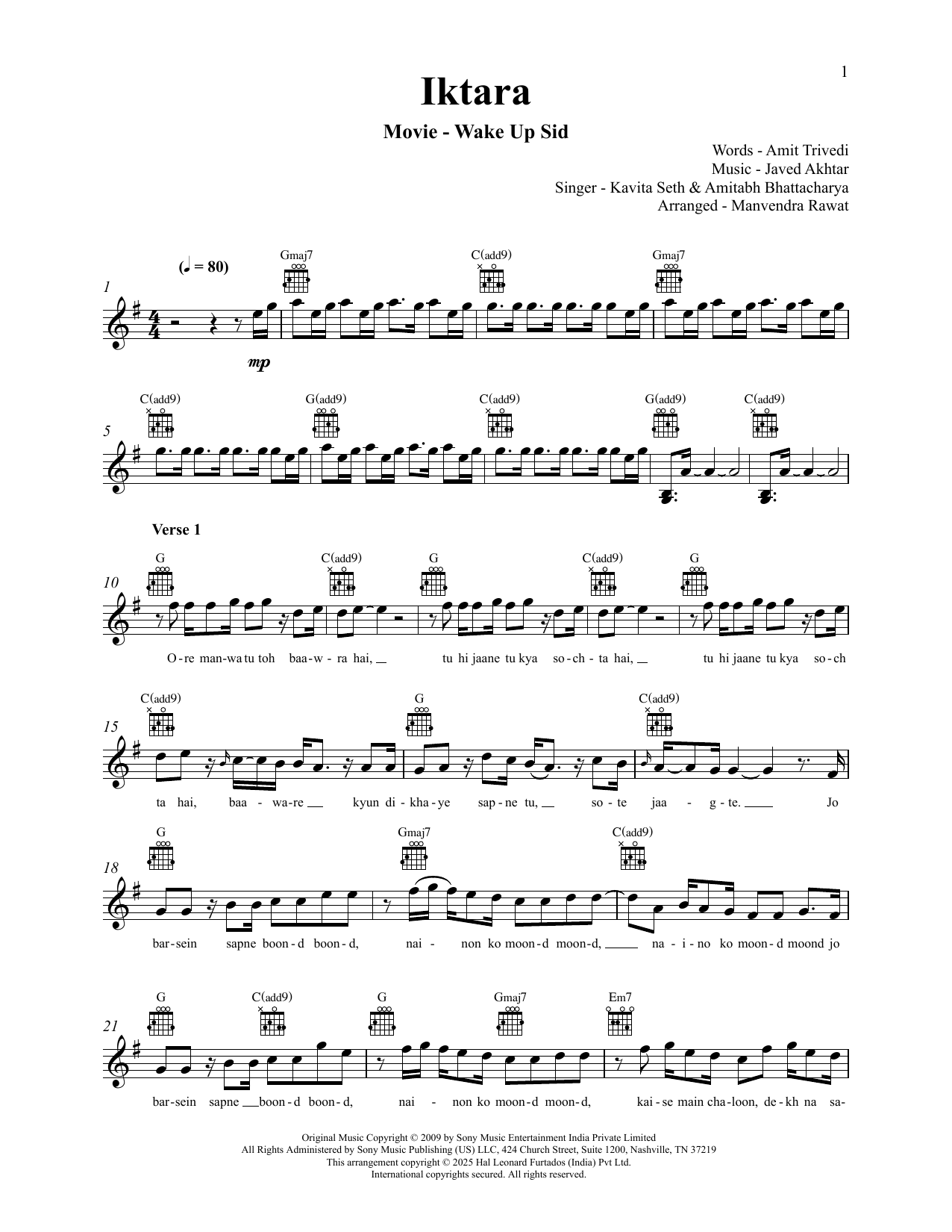 Javed Akhtar Iktara (from Wake Up Sid) sheet music notes and chords arranged for Lead Sheet / Fake Book