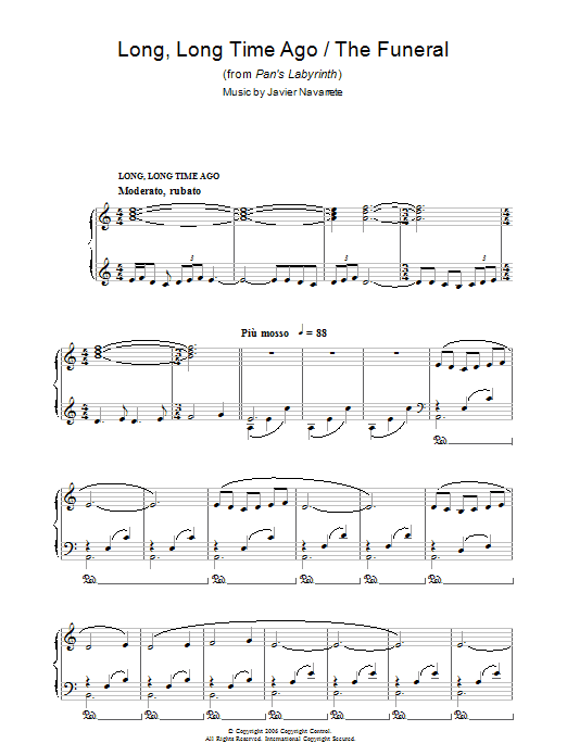 Javier Navarrete Long, Long Time Ago/The Funeral (from Pan's Labyrinth) sheet music notes and chords arranged for Piano Solo