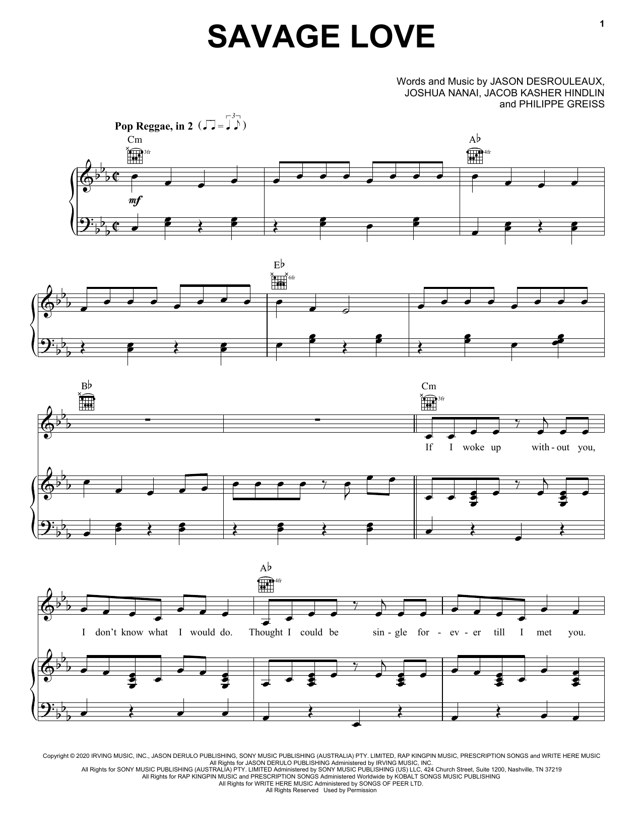 Jawsh 685 x Jason Derulo Savage Love sheet music notes and chords arranged for Piano, Vocal & Guitar Chords (Right-Hand Melody)