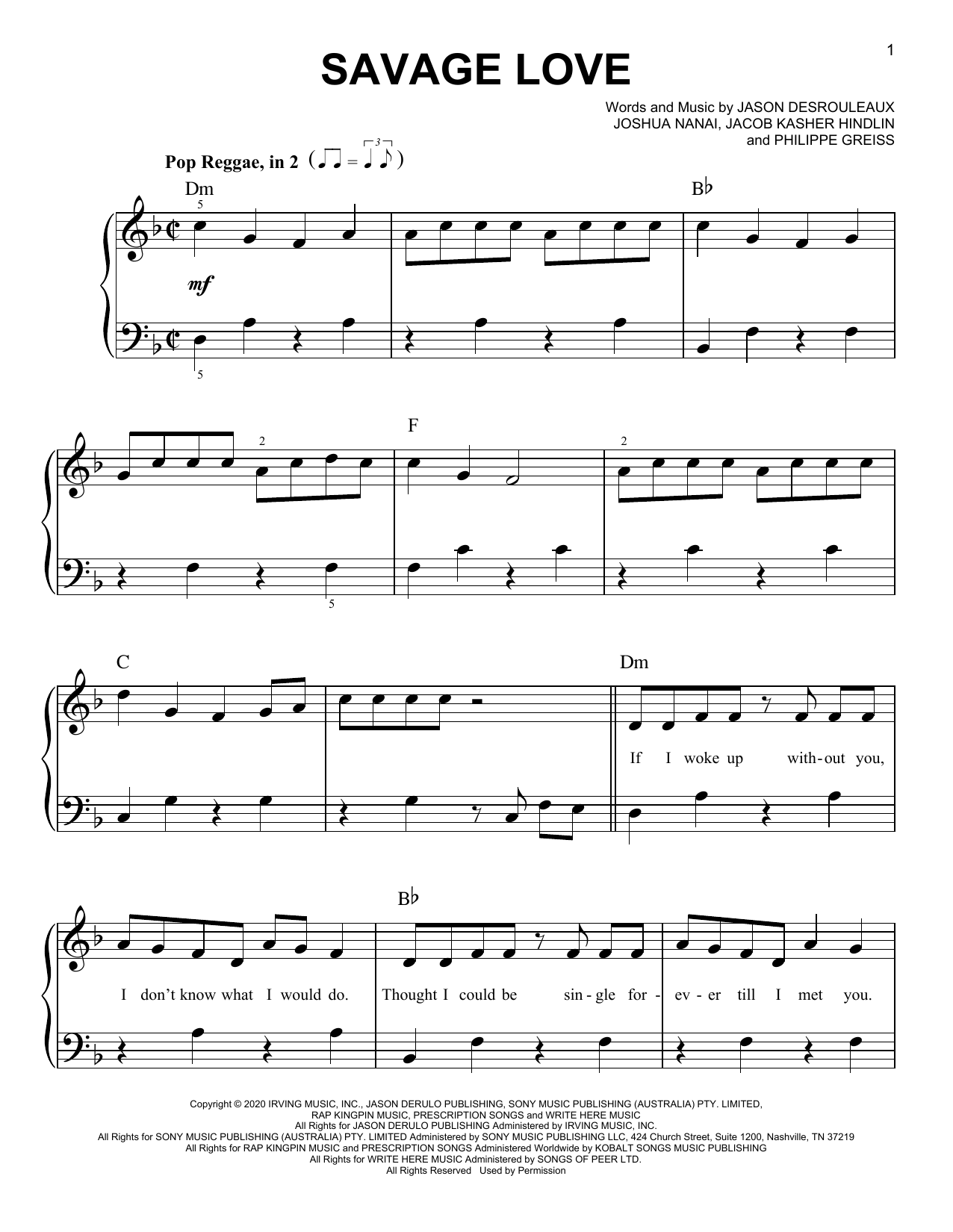 Jawsh 685 x Jason Derulo x BTS Savage Love sheet music notes and chords arranged for Easy Piano