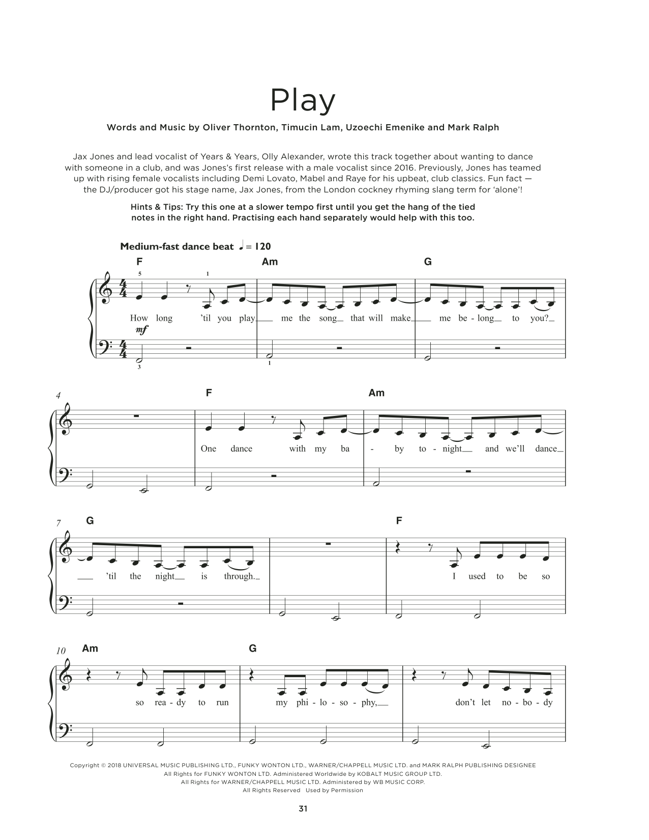 Jax Jones & Years & Years Play sheet music notes and chords arranged for Really Easy Piano