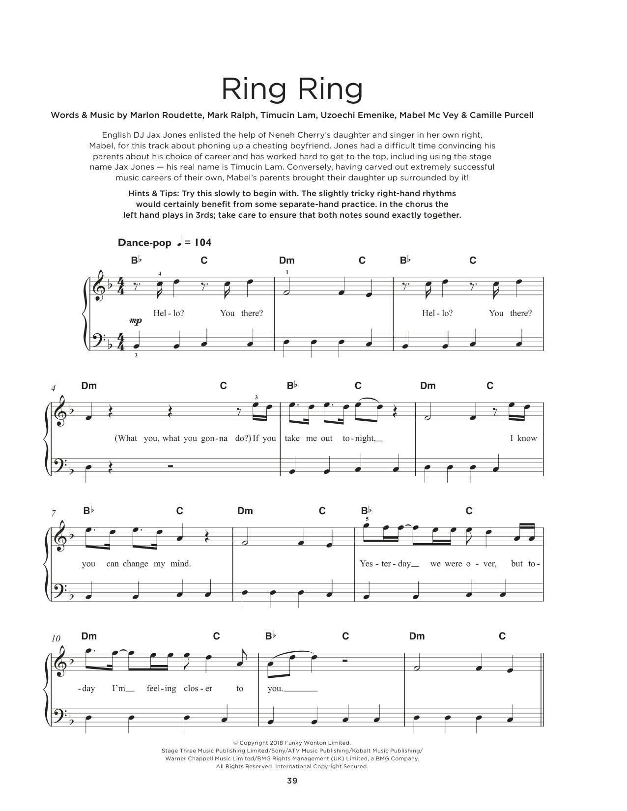 Jax Jones feat. Mabel and Rich The Kid Ring Ring sheet music notes and chords arranged for Really Easy Piano