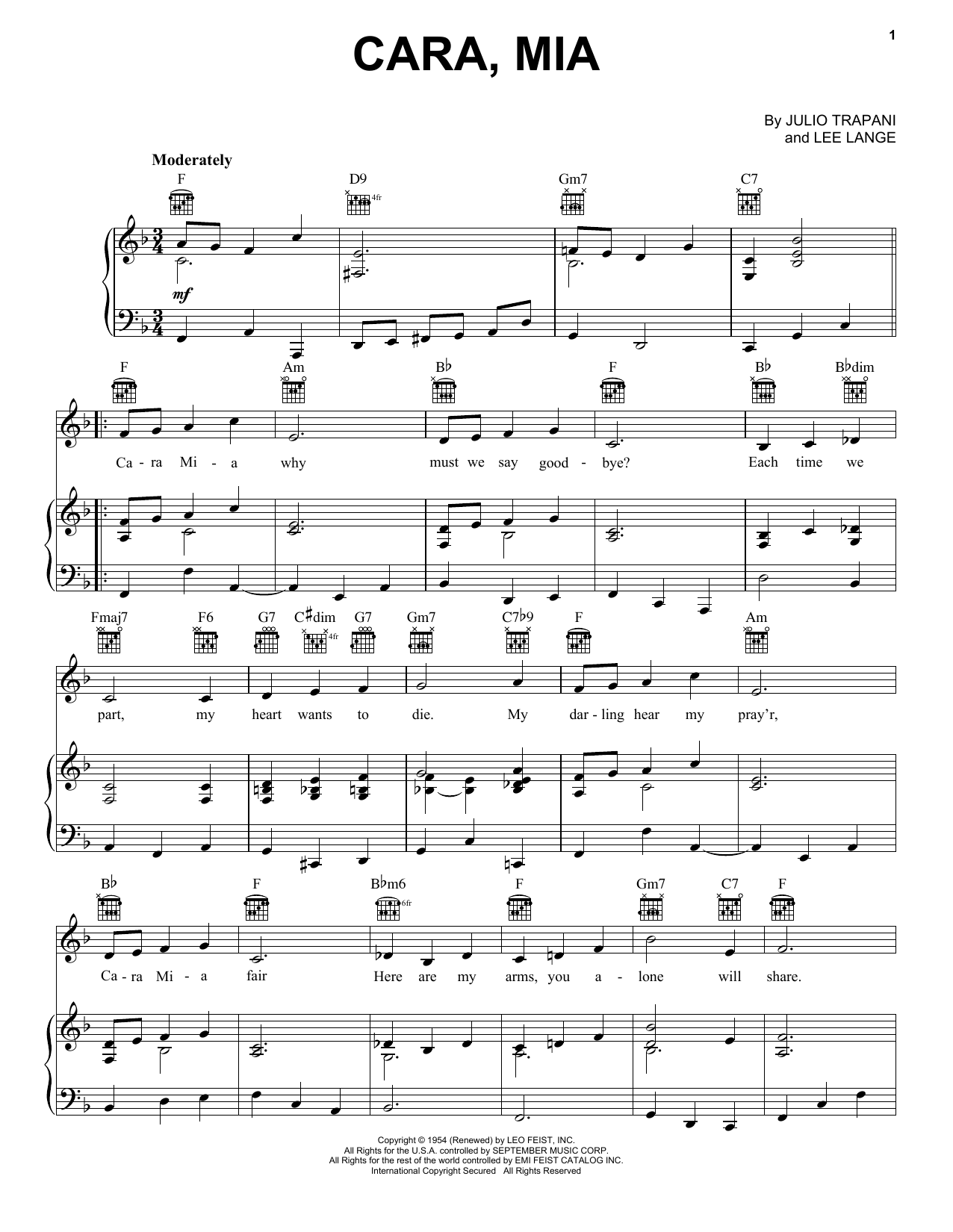 Jay & The Americans Cara, Mia sheet music notes and chords arranged for Piano, Vocal & Guitar Chords (Right-Hand Melody)