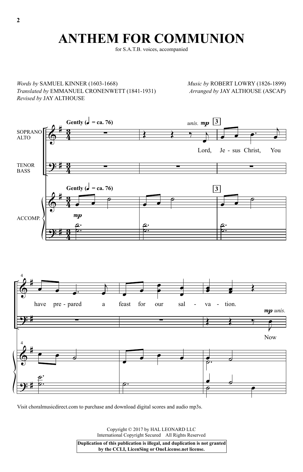 Jay Althouse Anthem For Communion sheet music notes and chords arranged for SATB Choir