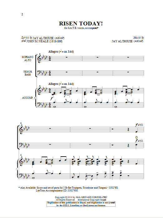 Jay Althouse Risen Today! sheet music notes and chords arranged for SATB Choir