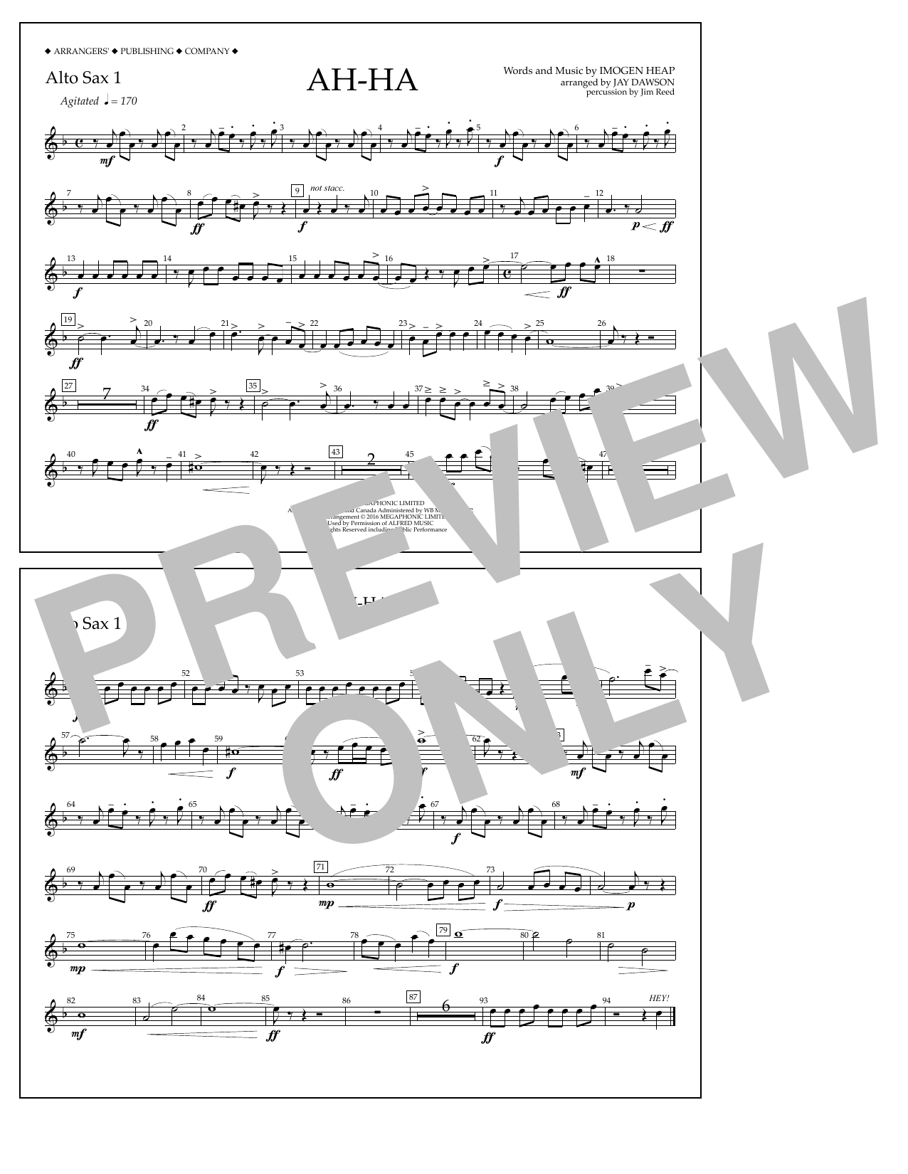Jay Dawson Ah-ha - Alto Sax 1 sheet music notes and chords arranged for Marching Band