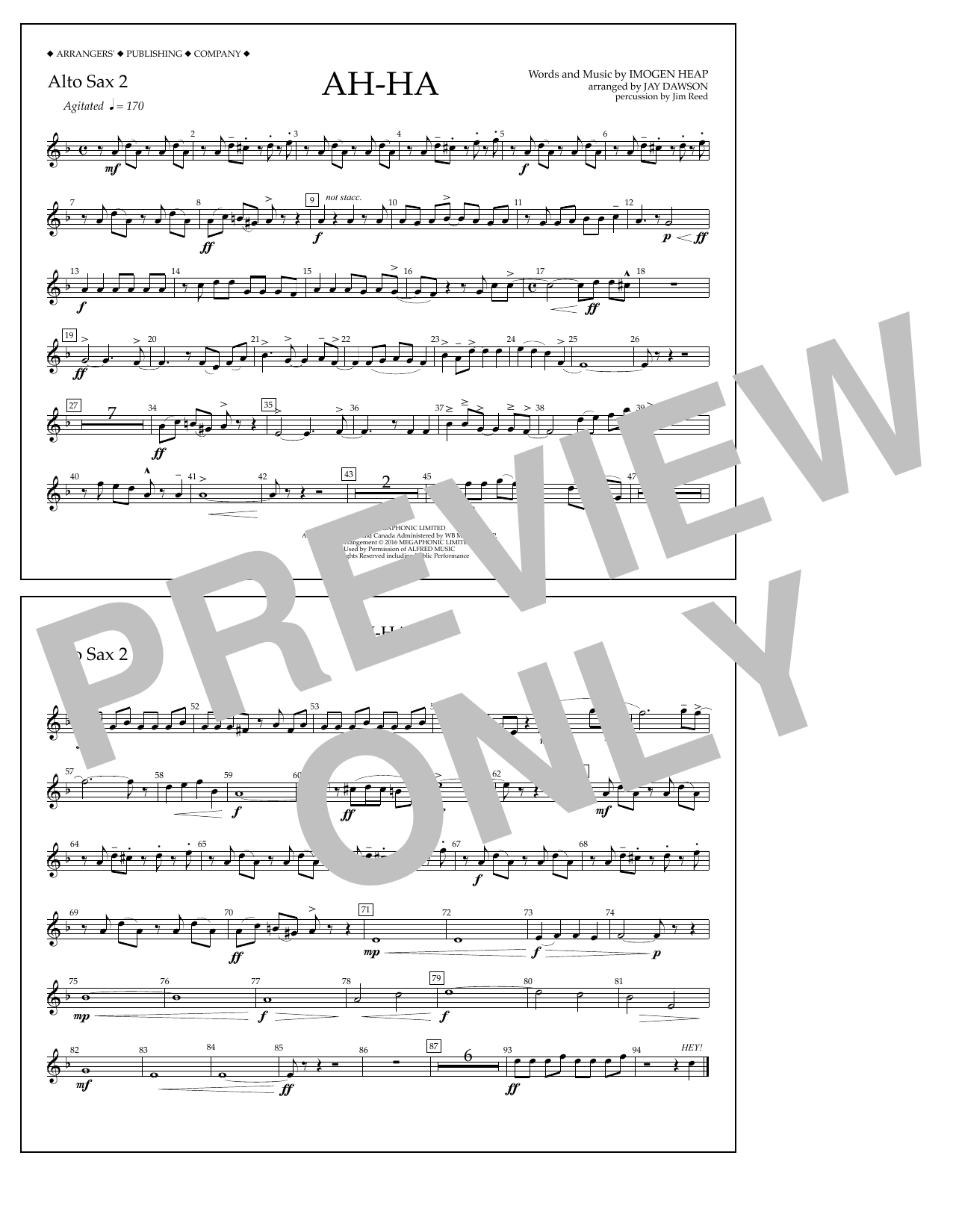 Jay Dawson Ah-ha - Alto Sax 2 sheet music notes and chords arranged for Marching Band