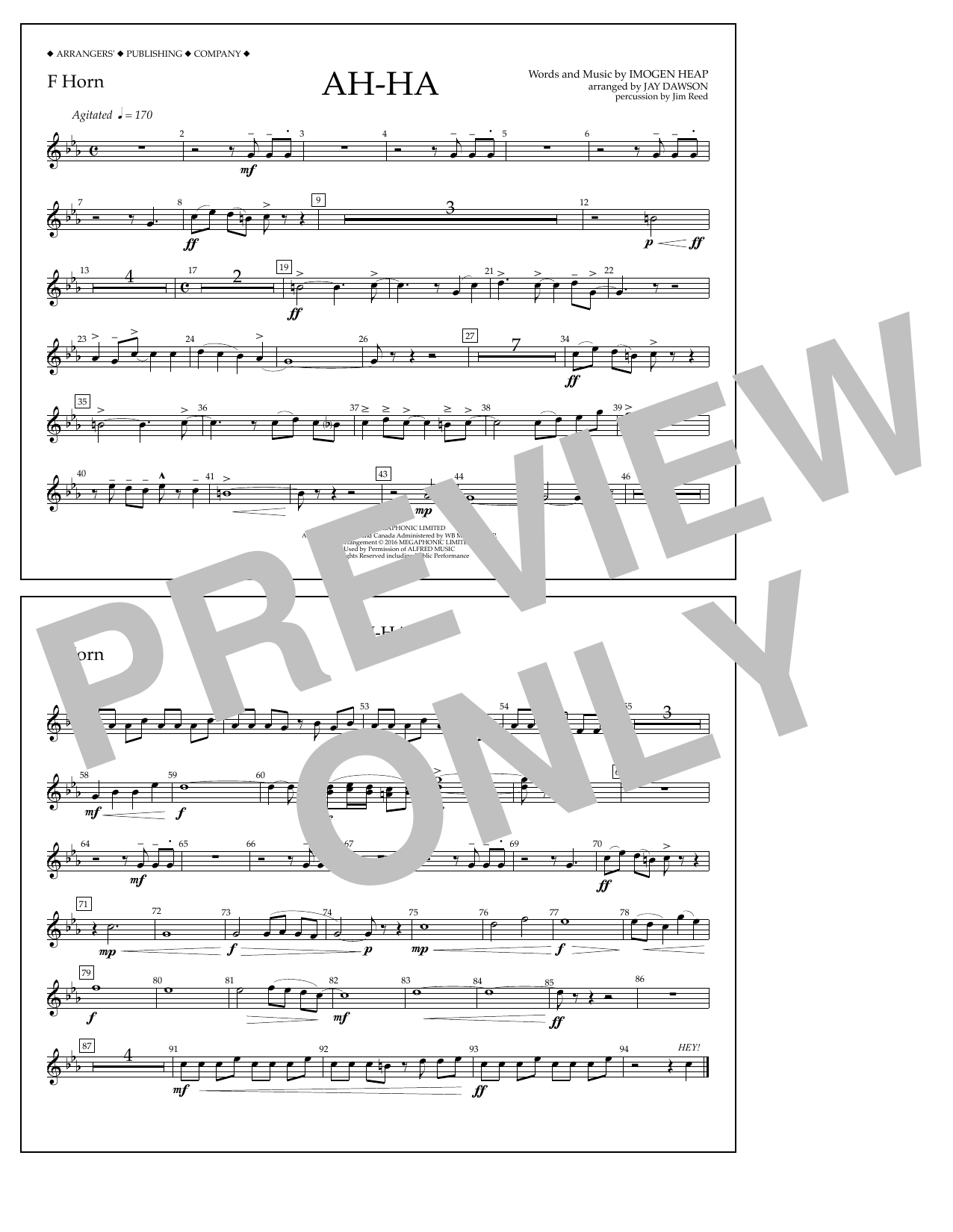Jay Dawson Ah-ha - F Horn sheet music notes and chords arranged for Marching Band