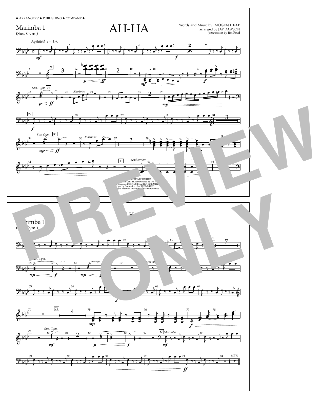 Jay Dawson Ah-ha - Marimba 1 sheet music notes and chords arranged for Marching Band