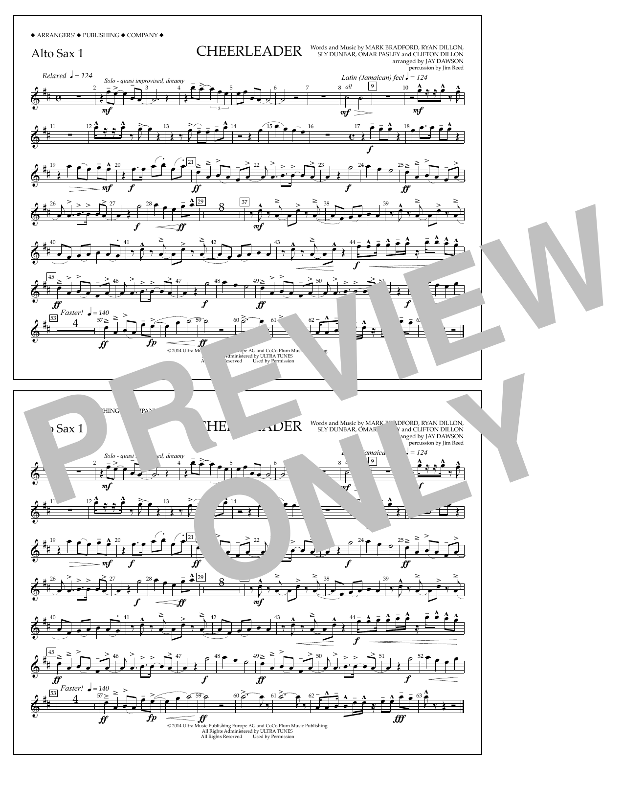 Jay Dawson Cheerleader - Alto Sax 1 sheet music notes and chords arranged for Marching Band