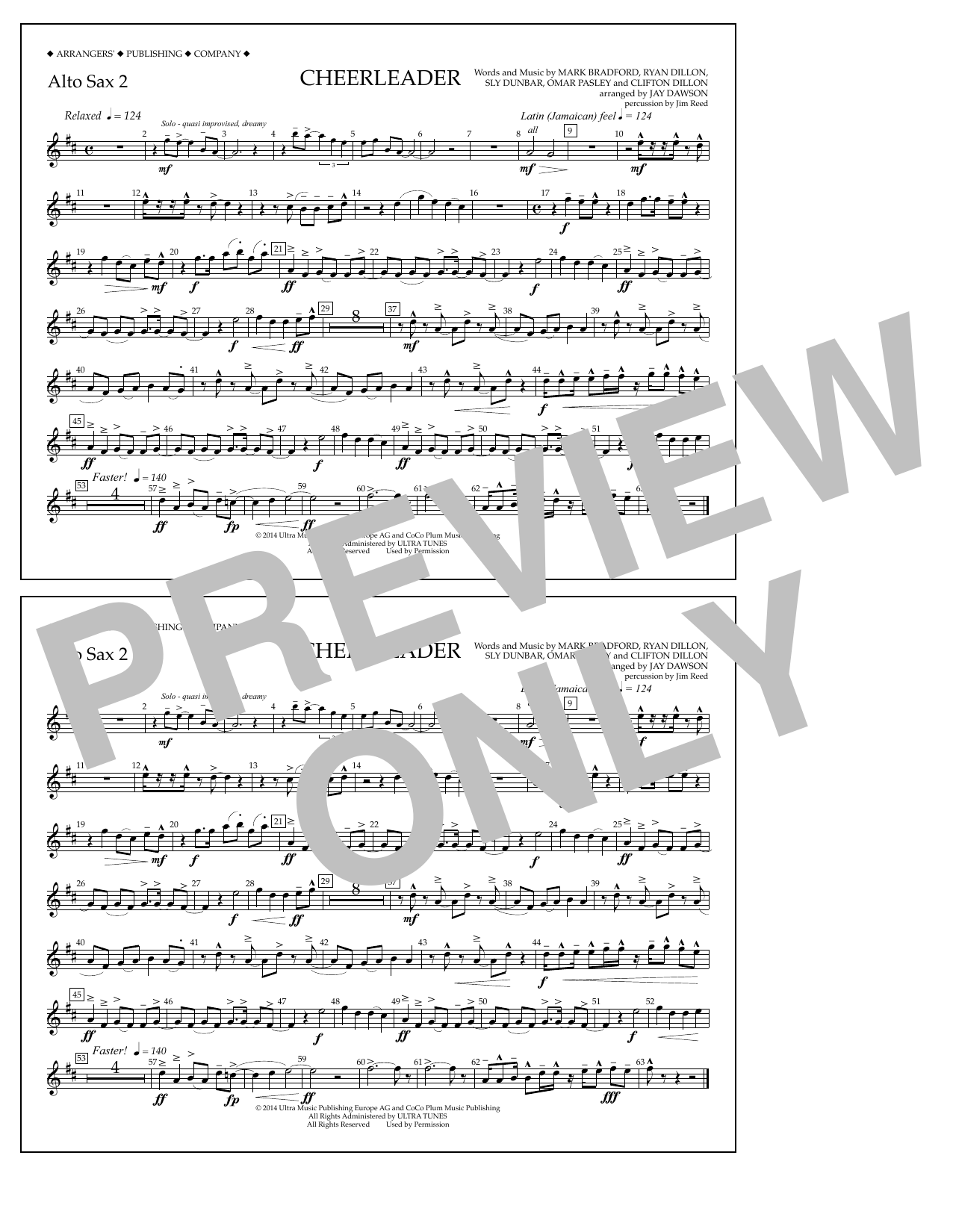 Jay Dawson Cheerleader - Alto Sax 2 sheet music notes and chords arranged for Marching Band