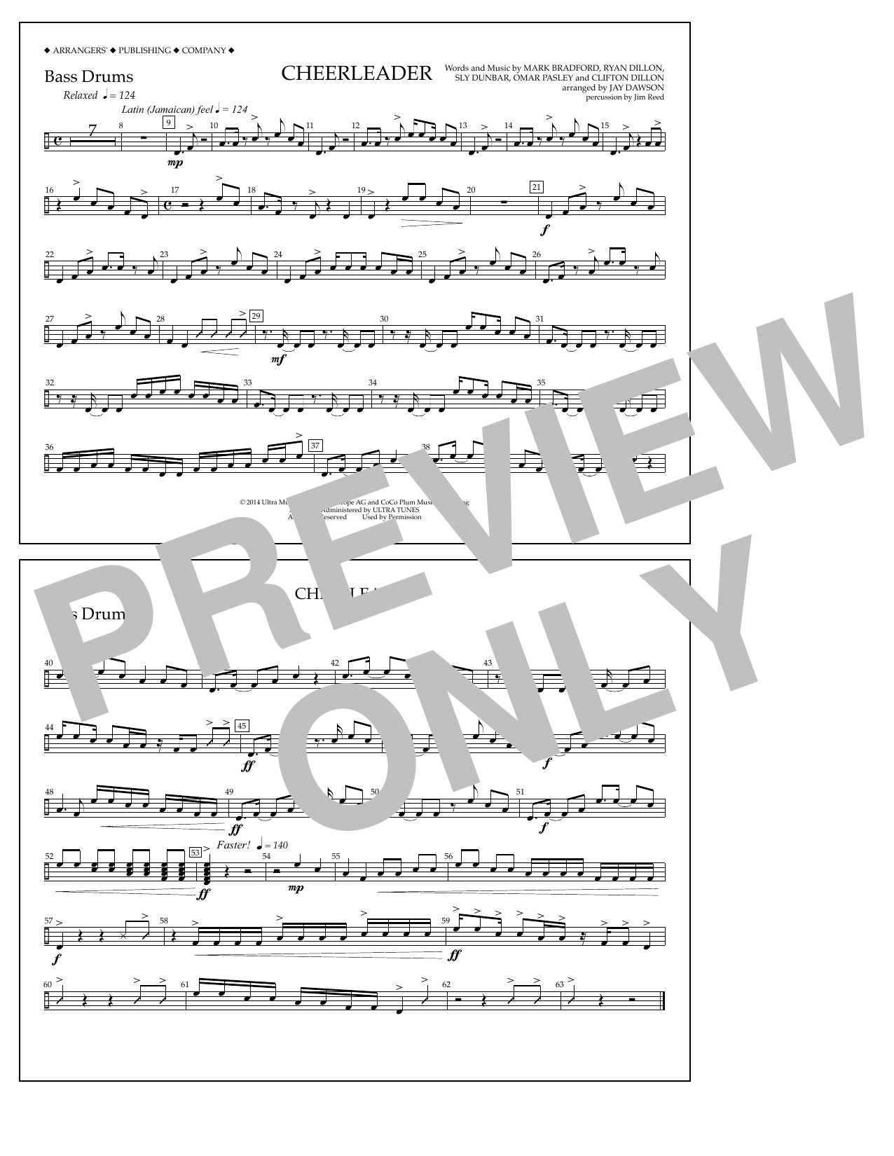 Jay Dawson Cheerleader - Bass Drums sheet music notes and chords arranged for Marching Band