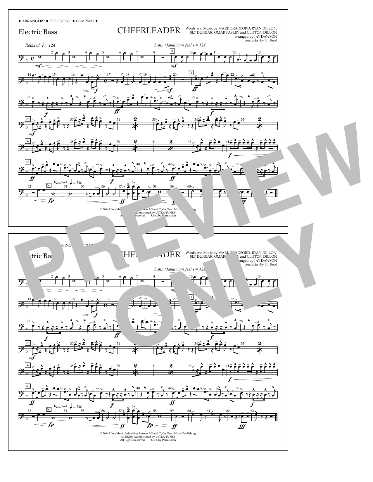 Jay Dawson Cheerleader - Electric Bass sheet music notes and chords arranged for Marching Band
