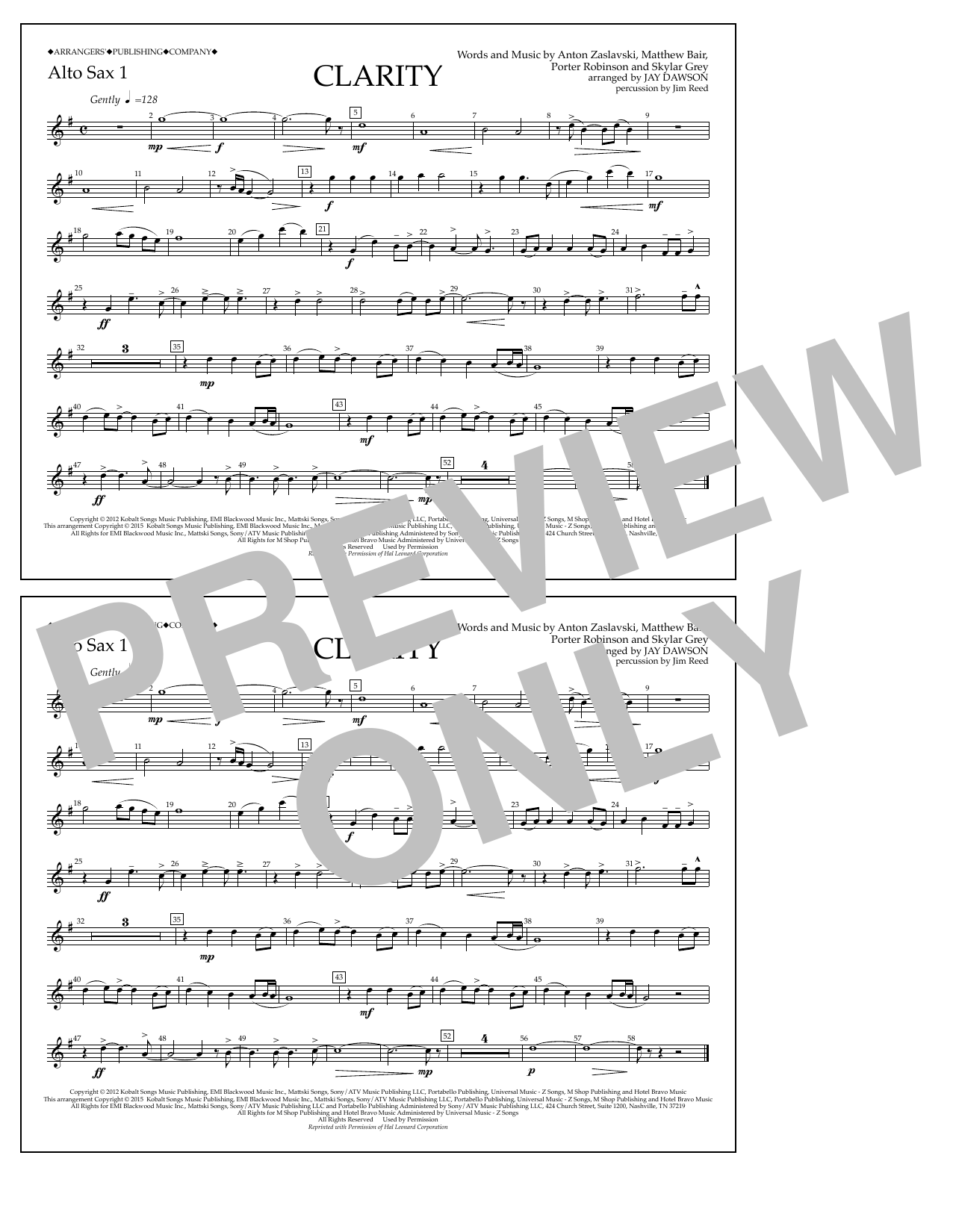 Jay Dawson Clarity - Alto Sax 1 sheet music notes and chords arranged for Marching Band
